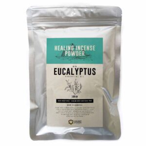 Eucalyptus incense powder in a decorative holder, ready for use.