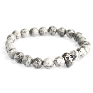 Pewter skull and grey agate gemstone bracelet with a boho design.