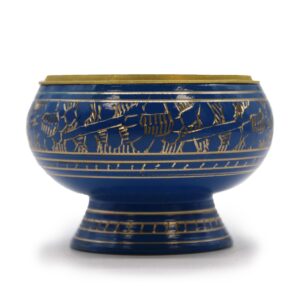 Handmade blue charcoal incense jar with golden patterns for rituals.