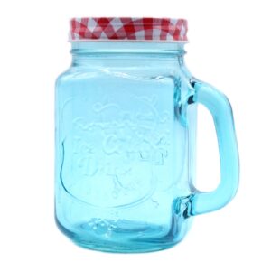 Funky blue mason jar with a screw top lid, perfect for cold drinks.