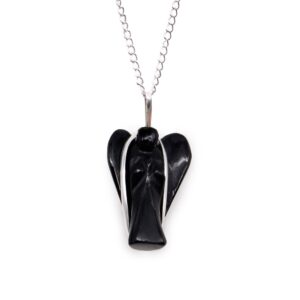 Black agate gemstone guardian angel pendant with intricate detailing.