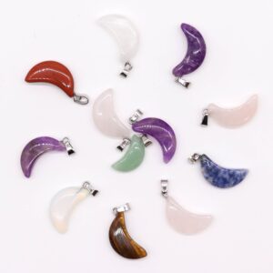 Assorted gemstone moon pendants in various colours and patterns.