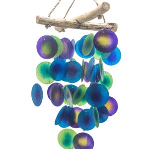 Handmade green and purple driftwood chime with Capiz glass for a calming ambiance.