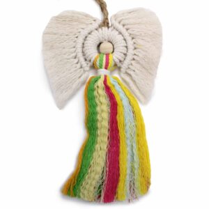 Hand woven macrame angel in rainbow colours, beautifully presented in a gift box.