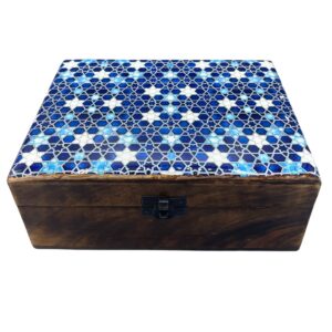 Large blue ceramic glazed wood box with star design for home decor.