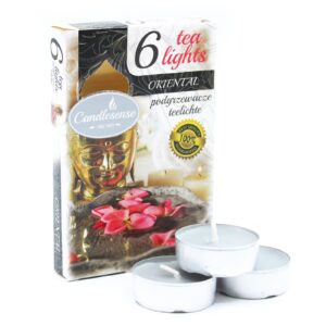 Set of 6 Oriental scented tealights in elegant packaging.
