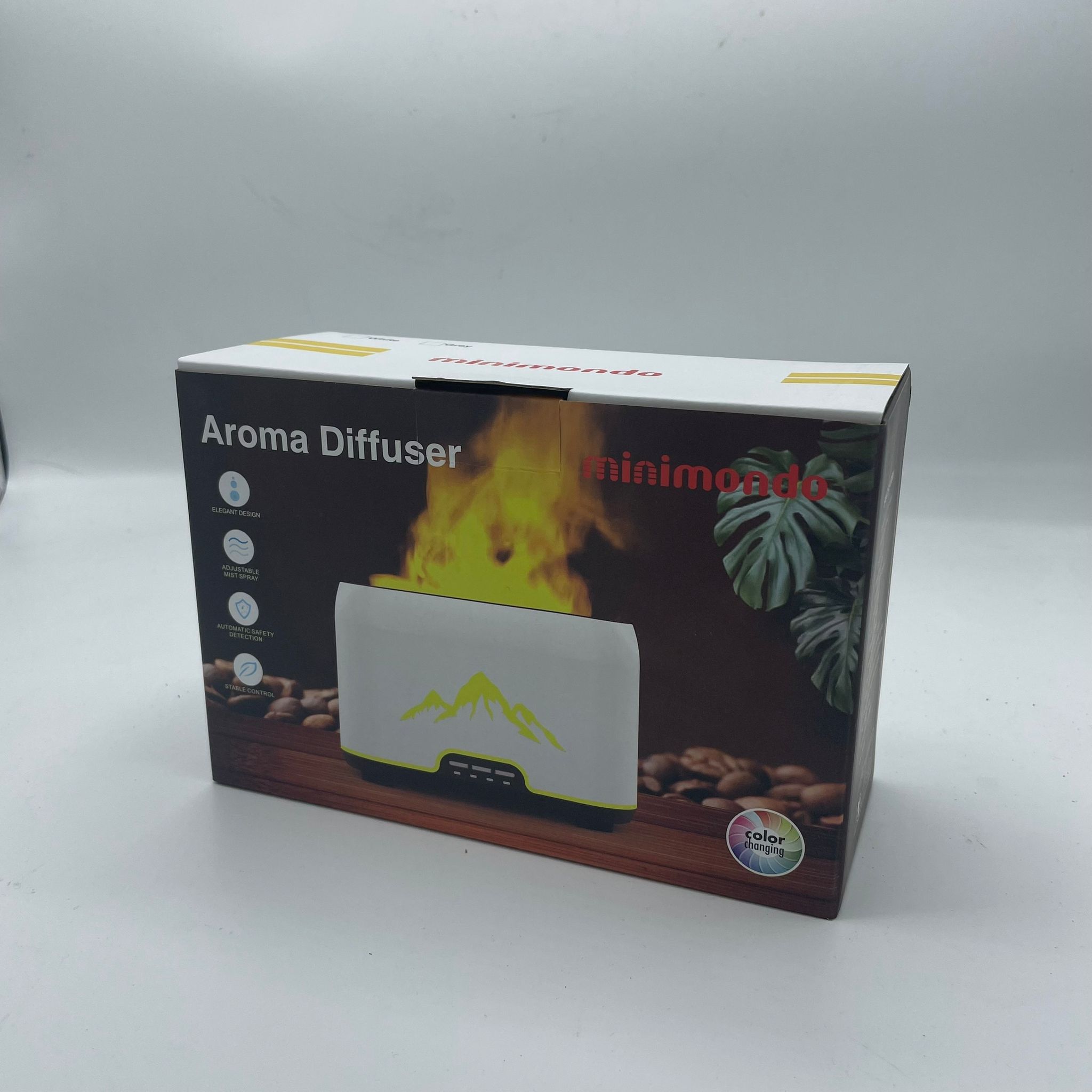 Himalayas Aroma Diffuser with flame effect and remote control on a wooden surface