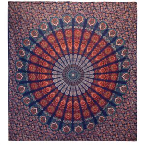 Blue peacock mandala bedspread that doubles as a wall hanging.