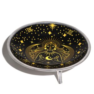 Enamelled offering plate featuring a gold goddess design on a black background.