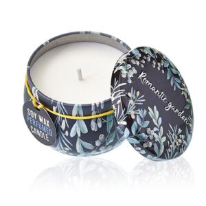 Art tin candle with a romantic garden design featuring tea and rose scents.