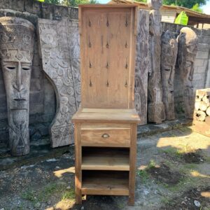 Handmade display stand with hooks, crafted from upcycled teak wood.