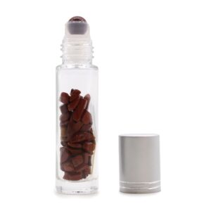 Red Jasper essential oil roller bottle with silver cap and polished stone ball.
