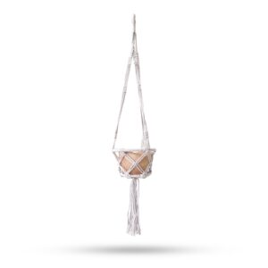 Natural macrame hooped pot holder with a 16cm hoop for stylish plant display.