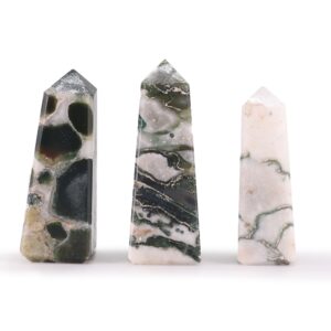 Moss Agate Gemstone Obelisk Point showcasing natural green patterns and earthy tones.
