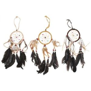 Handcrafted medium round dreamcatcher in cream, coffee, and chocolate colours.