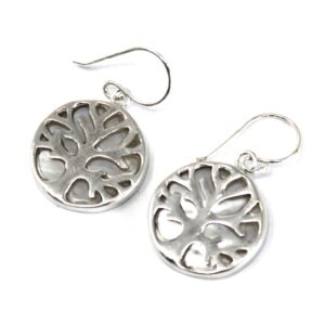 Elegant Tree of Life silver earrings featuring mother of pearl detail.