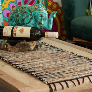 Natural table runner made from water hyacinth with a Black Tiger pattern and fringe.