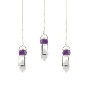 Double power pendulum with amethyst globe and clear quartz point on a fine chain.
