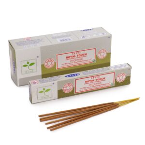 Satya Incense pack featuring Royal Touch with White Sage and Frankincense.