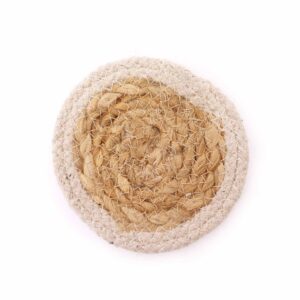 Set of four natural coasters made from jute and cotton with an ivory border.