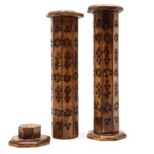 Elegant mango wood hexagonal tower for incense display and storage.