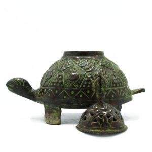 Large brass incense holder featuring a turtle design with a verdigris finish.