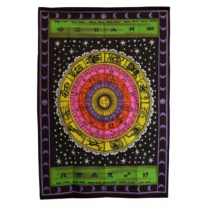 Colourful cotton wall art featuring a zodiac wheel and celestial designs.