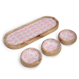 Mango wood tray with three bowls featuring a delicate floral design.