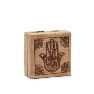 Black engraved Hamsa design on a small square box for thoughtful gifting.