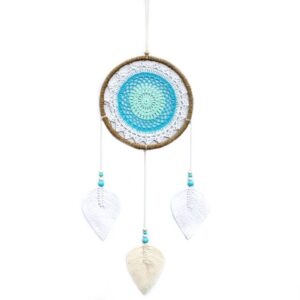 Large turquoise dream catcher handmade in Bali with rattan and wooden beads.