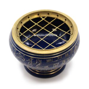 Handmade dark blue charcoal incense jar with golden patterns for rituals.