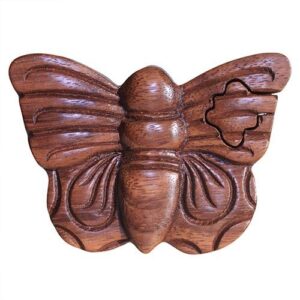 Handmade Sheesham wood Bali Magic Box with butterfly design and puzzle feature.