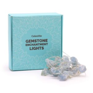 Celestite gemstone lights glowing warmly in a stylish setting.