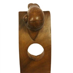 Handmade wooden snail wine holder showcasing unique grain patterns.