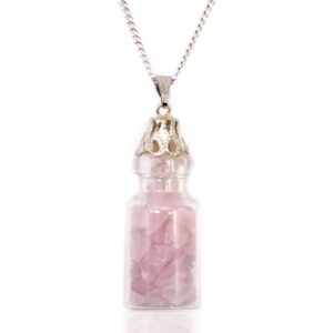 Delicately crafted bottled necklace featuring rose quartz gemstones inside.