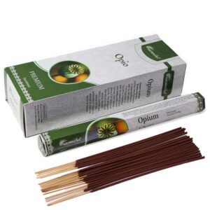 Aromatika Charcoal Free Hex Incense sticks in Opium scent, beautifully arranged.