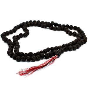 Dark 108 Rudraksha mala with a chunky tassel, perfect for mindful living.