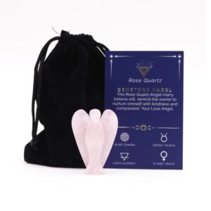 Handcrafted rose quartz angel figurine, symbolising love and compassion.