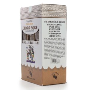 Golden Cedar Sage smudging resin sticks with a textured finish.