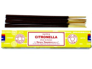 Hand rolled Satya Incense sticks in a vibrant packaging with citronella scent.