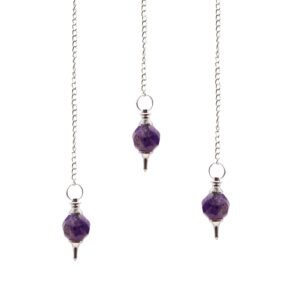 Faceted amethyst pendulum with silver-tone fittings and a fine hanging chain.