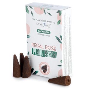 Regal Rose backflow incense cones in elegant packaging for a calming atmosphere.