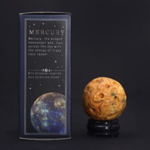 Crazy Lace Jasper planet on a Solar Goldstone stand, showcasing vibrant colours.