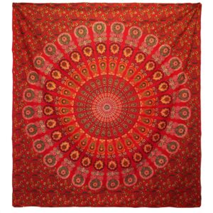Peacock mandala bedspread in vibrant red, perfect for home decor or wall hanging.