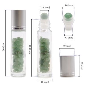 Rock quartz essential oil roller bottle with silver cap and gemstone design.