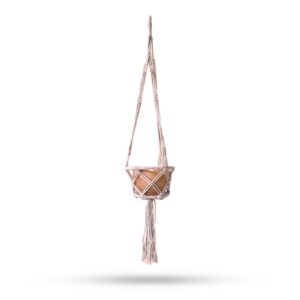 Beige macrame hooped pot holder with a 16cm hoop for stylish plant display.