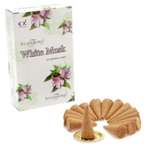 Stamford Premium White Musk Incense Cones with metal holder for home fragrance.