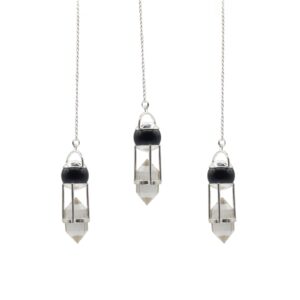 Double power pendulum with obsidian globe and clear quartz point on a fine chain.