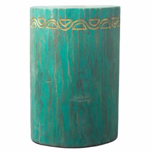 Turquoise tribal stool or table made from Albasia wood, perfect for home decor.