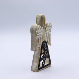 Elegant whitewashed mango wood angel with iron holly cut-out detail.